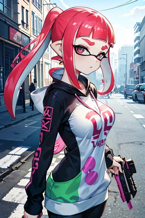 The girl in Inkling from Splatoon is standing with a weapon、 big breasts、Picture cutting through the wind 、 Cool and stylish artwork 、cool color、Effective、 Street