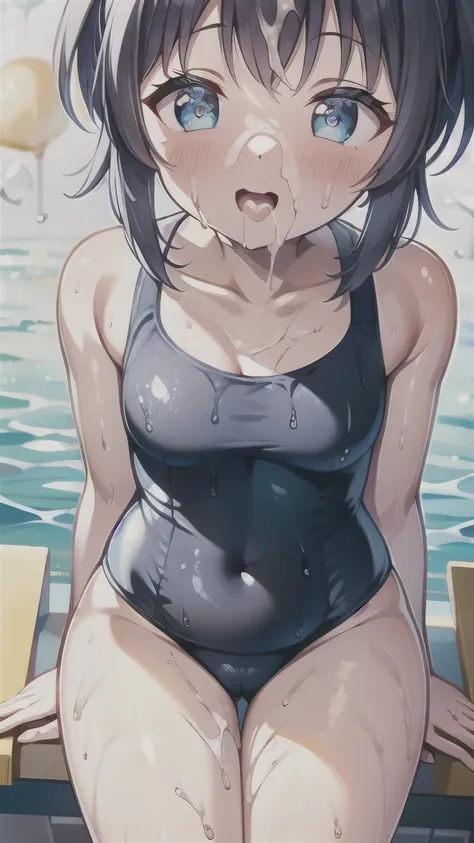  in the seat、bangs、 long hair、Gray Hair、 blue eyes、 small tits、Juvenile body、 wet swimsuit 、crack、 mekoji、 view from below、 close-up、 One Piece Swimsuit、 Old School Swimsuit、 white background、 is thin、thin、 standing、 semen