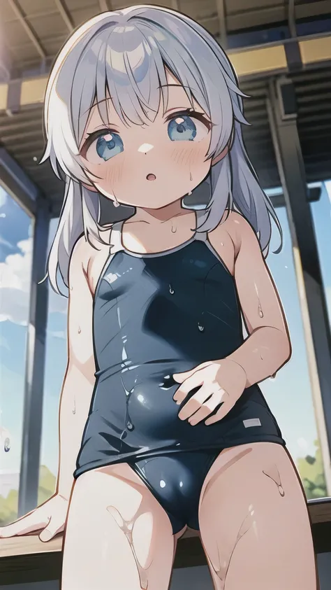  in the seat、bangs、 long hair、Gray Hair、 blue eyes、 small tits、Juvenile body、 wet swimsuit 、crack、 mekoji、 view from below、 close-up、 One Piece Swimsuit、 Old School Swimsuit、 white background、 is thin、thin、 standing