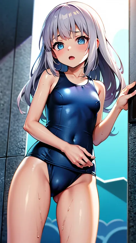  in the seat、bangs、 long hair、Gray Hair、 blue eyes、 small tits、Juvenile body、 wet swimsuit 、crack、 mekoji、 Old School Swimsuit、 white background、 is thin、thin、 standing