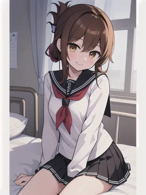 An unwell feeling girl in a miniskirt is holding her knee on her bed in the infirmary、Close-up shot of one girl, Lightning \( fleet this\),  brown hair,  folded ponytail,  long hair,  brown eyes, Anchor Symbol, Black sailor collar,  Long Sleeve,  neckerchi...