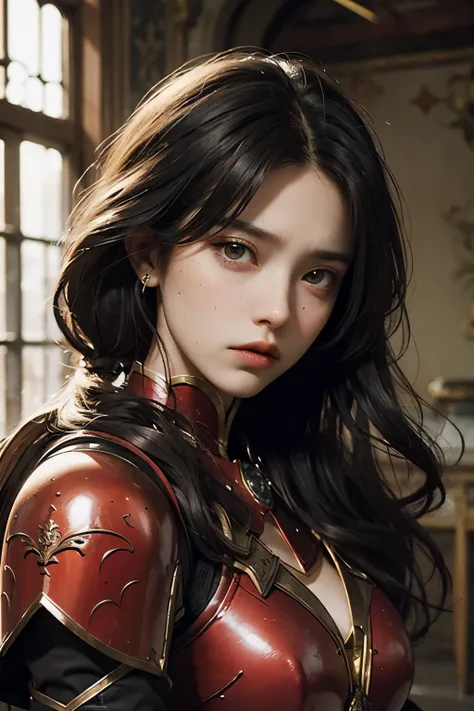 A beautiful woman. Twenty years old. Detailed drawing of the face. Black hair. She is looking at the camera with an angry expression. She is wearing red armor. She is inside the castle. A masterpiece.