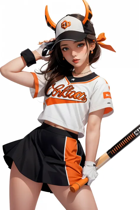 1girl, white background, single glove, black skirt, white baseball jersey, cap with horns, orange baseball bat, full body,