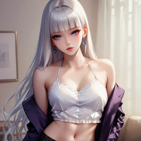 ((white Hair))、(black inner hair), best quality 、 ( professional lighting without shadows )、 surreal, (Nipples:0.4), fascinating、 Slim Supermodel-Like Figure、 one girl ,, (Mid-chest, Belly button exposed), ( arched , Beautiful Skin )), (明るい and beautiful b...