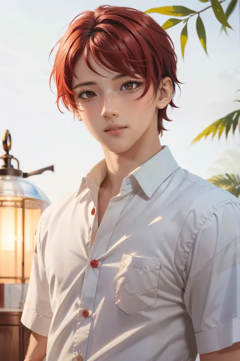 (masterpiece:1.2, best quality), (finely detailed beautiful eyes: 1.2), ((1boy)), (red eyes:1.4), (finely detailed eyes and detailed face:1.3), ((boy with short white hair)), (beautiful and clear background:1.2), (extremely detailed CG, ultra-detailed, bes...