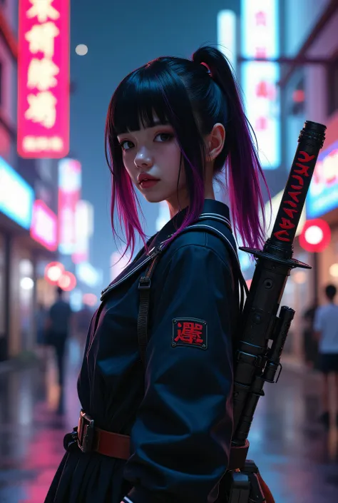 A close up of a pretty cyberpunk Japanese schoolgirl with black shoulder length layered hair with bangs and pink and blue streaks, cyberpunk school uniform, twin katanas on both hands, harness, a large cyberpunk cannon strapped on her back, standing in the...