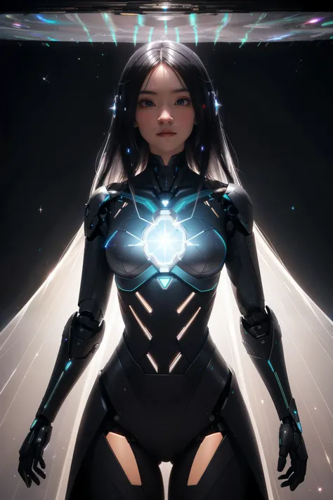 studio photo, beautiful woman perfect body half robotic half metal with iridescent black shimmering hair, standing alone, particles in the air, god rays, stars in the background, intricate fractals, detailed, (illustration) fragreality tech, universe, scif...