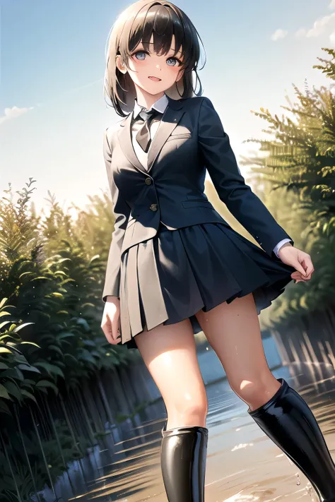 (masterpiece), (best quality), ultra detailed, 8K, aesthetic, cinematic lighting, beautiful face, beautiful eyes,, A beautiful high school girl, wearing glossy black under knee-length rubber boots (glossy black:2.0, under knee-length rubber boots:1.5), (wa...