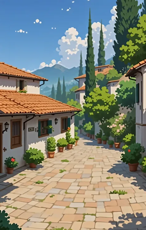 A one-story Italian villa, white with an orange roof, is located on the left. Cypress trees grow on the right. The area in front of the house is paved with tiles
