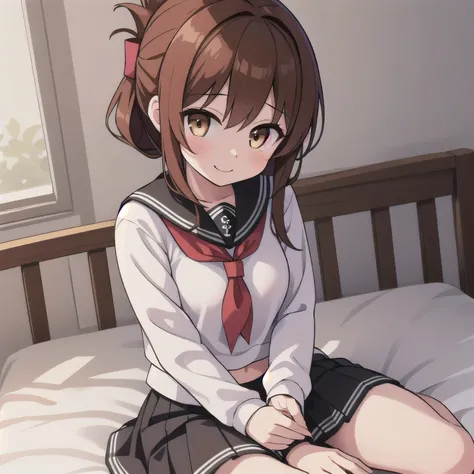 An unwell feeling girl in a miniskirt is holding her knee on her bed in the infirmary、Close-up shot of one girl, Lightning \( fleet this\), brown hair, folded ponytail, long hair, brown eyes, Anchor Symbol, Black sailor collar, Long Sleeve, neckerchi...