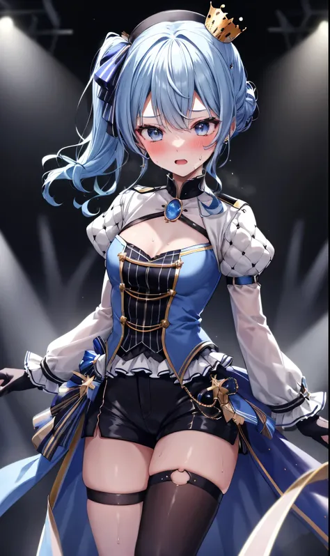 1girl, solo, concert, stage, stage lights, cowboy shot, idol, SuiseiStellar, long hair, half updo, tilted crown, white shrug \(clothing\), juliet sleeves, blue brooch, blue pinstripe shirt, blue vest, half gloves, blue shorts, half-skirt, o-ring thigh stra...