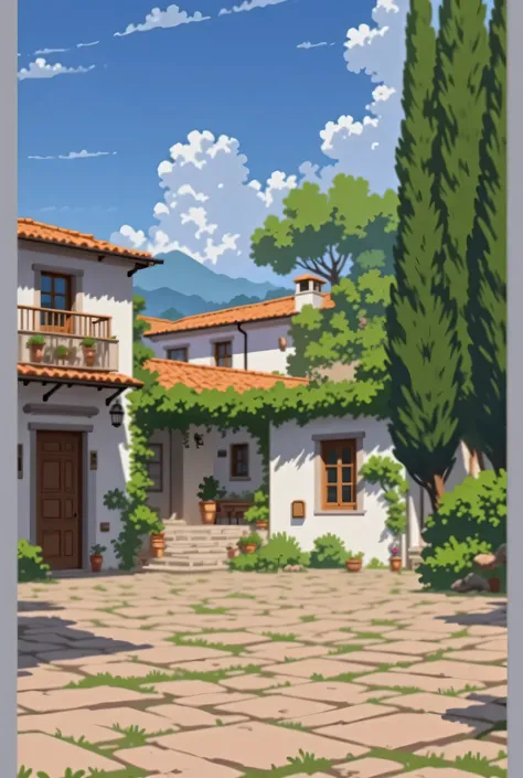 A one-story Italian villa, white with an orange roof, is located on the left. Cypress trees grow on the right. The area in front of the house is paved with tiles