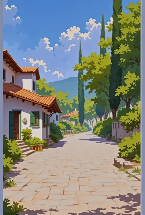 A one-story Italian villa, white with an orange roof, is located on the left. Cypress trees grow on the right. The area in front of the house is paved with tiles