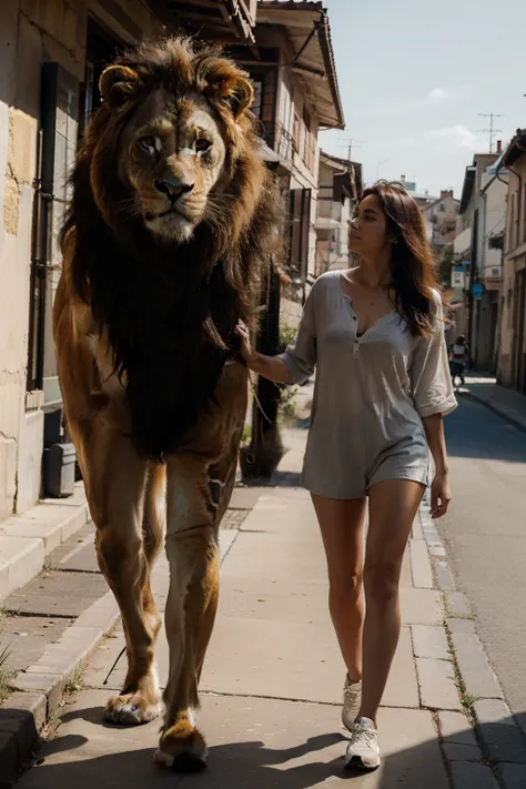 walking with a giant lion animal  