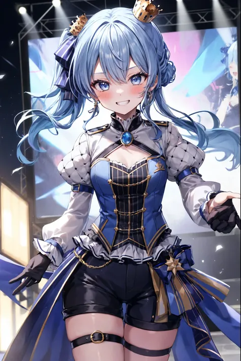 1girl, solo, concert, stage, stage lights, cowboy shot, idol, SuiseiStellar, long hair, half updo, tilted crown, white shrug \(clothing\), juliet sleeves, blue brooch, blue pinstripe shirt, blue vest, half gloves, blue shorts, half-skirt, o-ring thigh stra...