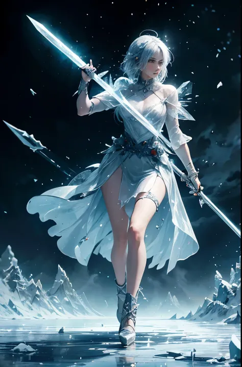 Ice rose field, girl sticking an ice sword In soil ,Dramatic, accurate commands, ice background, ice elements particles and atmosphere, HD and rich colors, lots of effects on the background. Dance sword