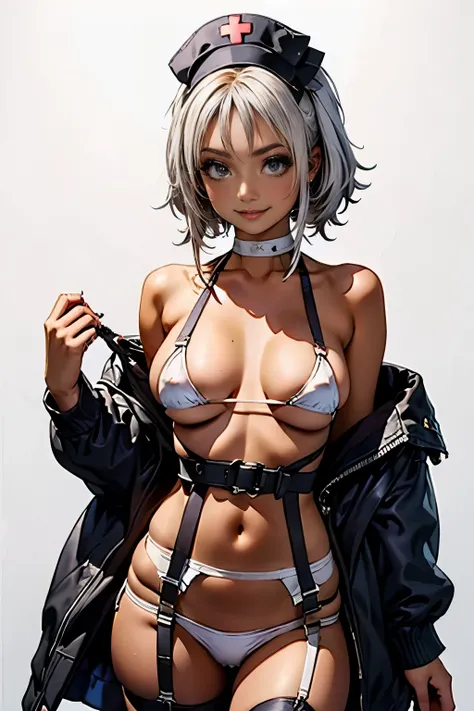  (((black nurse cap)))、(((Micro bikini with )))、((( sexy)))、((( tactical belt)))、(((Wear white full harness )))、(((    garter belt)))、((( strings for combat)))、Belly button、alone、(((background white background )))、 slender body、background white background ...