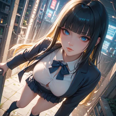 ((black hair))、(yellow inner hair), best quality 、 Masterpiece、( professional lighting without shadows )、(Nipples:0.5), surreal, charming、 figure like a slender supermodel 、 One Girl , (dynamic angle, face focus, looking side), (medium boobs), (Bright, be...