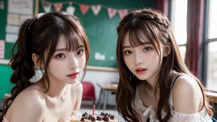 Valentine's Day, in a classroom, cute and vivid decorations on the walls, sunshine, school uniform, get to feed me a nice and big chocolate cake, wearing pink warm fluffy gothic lolita fashion, mouth wide open, pampered expression, lovey-dovey, shiny light...