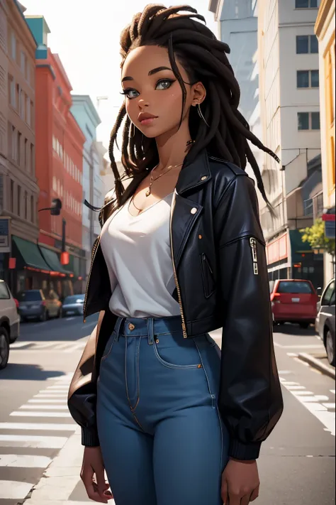  beautiful girl  . black woman . Black hair - dreadlocks  .  Breast size 3  . height 172 cm .  black eyes .  She is wearing a denim suit  .  Stands on the street in St. Petersburg .