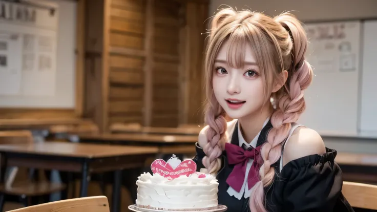Valentine's Day, in a classroom, cute and vivid decorations on the walls, sunshine, school uniform, get to feed a nice and big chocolate cake, wearing pink warm fluffy gothic lolita fashion, mouth wide open, pampered expression, winking, lovey-dovey, paste...