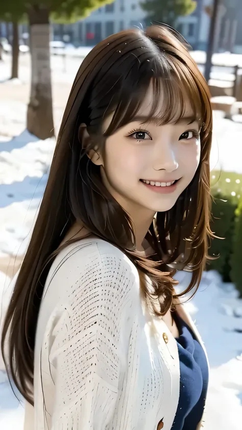 1 girl, Alone, Hi-Res, long hair, glances, smiles, bangs, top quality, anatomically correct, In the snow、play, anatomically correct, high quality model, very detailed that , textured skin, happy/joy, smiles,