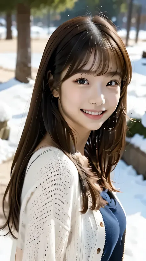 1 girl, Alone, Hi-Res, long hair, glances, smiles, bangs, top quality, anatomically correct, In the snow、play, anatomically correct, high quality model, very detailed that , textured skin, happy/joy, smiles,