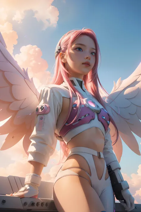 ((masterpiece, best quality, extremely detailed), volumetric lighting, ambient occlusion, colorful, glowing),
1girl, solo, young girl, (pink hair), long hair, halo, aura, sacred, godness, cyber suit, (white outfit:1.3), android, bot, angel wings,
outdoors...
