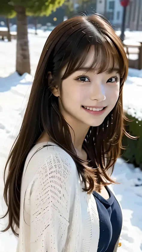 1 girl, Alone, Hi-Res, long hair, glances, smiles, bangs, top quality, anatomically correct, In the snow、play, anatomically correct, high quality model, very detailed that , textured skin, happy/joy, smiles,