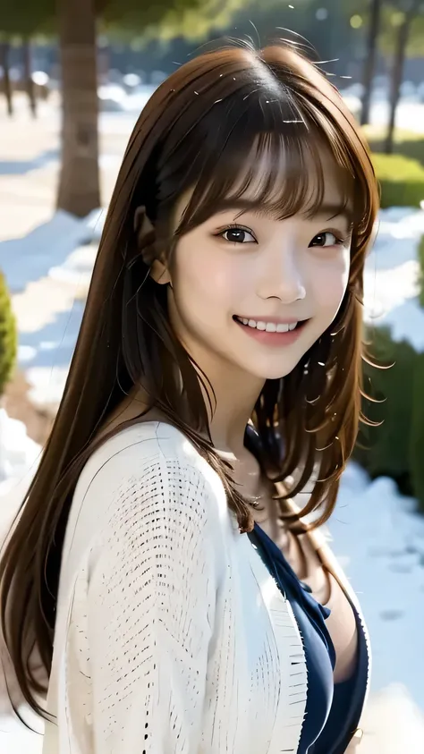 1 girl, Alone, Hi-Res, long hair, glances, smiles, bangs, top quality, anatomically correct, In the snow、play, anatomically correct, high quality model, very detailed that , textured skin, happy/joy, smiles,