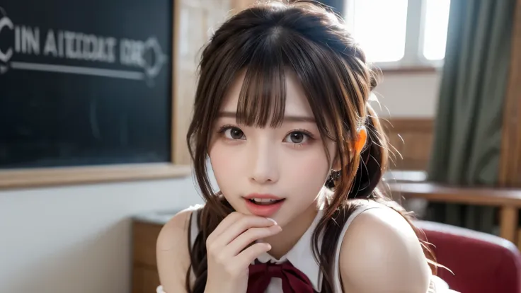 Valentine's Day, in a classroom, cute and vivid decorations on the walls, sunshine, school uniform, get to feed a nice and big chocolate tablet, wearing pink warm fluffy gothic lolita fashion, mouth wide open, pampered expression, winking, lovey-dovey, pas...