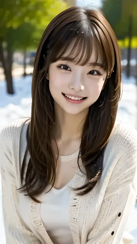 1 girl, Alone, Hi-Res, long hair, glances, smiles, bangs, top quality, anatomically correct, In the snow、play, anatomically correct, high quality model, very detailed that , textured skin, happy/joy, smiles,