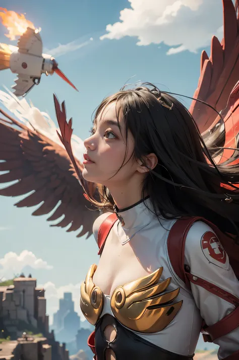 1girl, Absurd resolution, high resolution, (masterpiece: 1.4), hyper-detail, a mech, red armor with red wings, floating flight in the sky (1.8) background is wild, fire, full bodysuit,