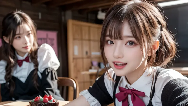 Valentine's Day, in a classroom, cute and vivid decorations on the walls, sunshine, school uniform, get to feed a nice and big chocolate cake, wearing pink warm fluffy gothic lolita fashion, mouth wide open, pampered expression, winking, lovey-dovey, paste...