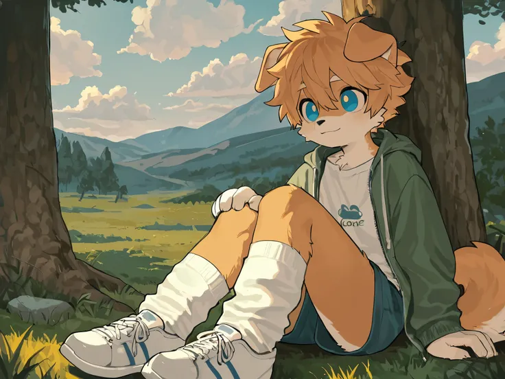 source_ furry， furry male，elementary school students，((boy )),Dog boy   ,short hair,masterpiece, newest,absurdres, incredibly absurdres, bright eyes, detailed eyes,short hair，white socks， light smile, sneakers,jacket, short shirts， shorts, ( messy hair,a b...