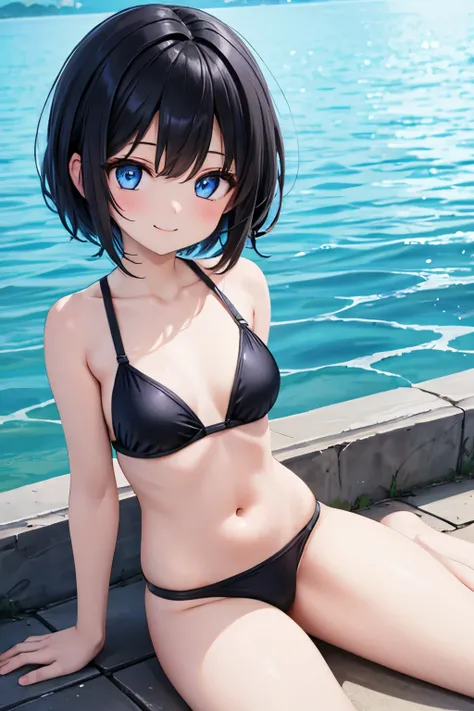 1girl ，blue eyes，flat chest，short hair，Black hair，forehead，Smile，swimsuit