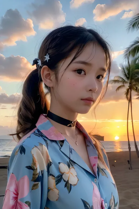 ((( Hawaii Sunset Beach )))、、(Please wear a floral Hawaiian shirt.。..:1.5)、(  natural skin texture,  hyperrealism, Soft light,  sharp), ( complicated details:0.9), ( NFSDW, hyperdetails:1.2), Soft light,  sharp,  Exposure Blend ,  mid-shot, Bokeh, ( NFSDW:...