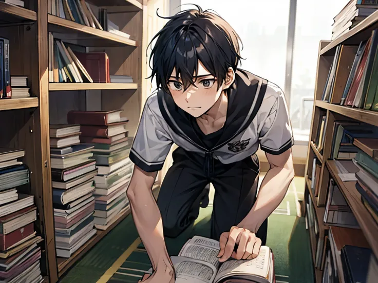 Male student，bend over，Pick up books， cartoon