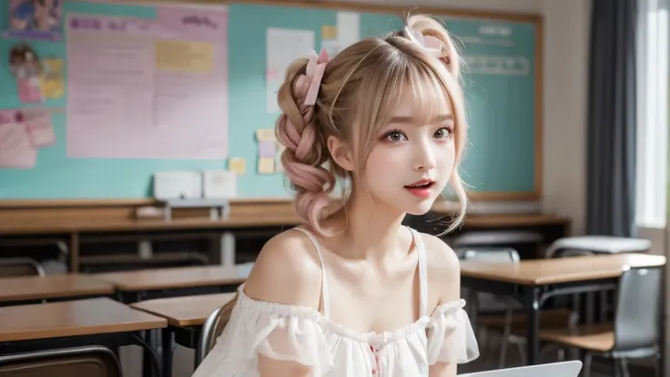 Valentine's Day, in a classroom, cute and vivid decorations on the walls, sunshine, school uniform, get to feed a nice and big chocolate tablet, wearing pink warm fluffy gothic lolita fashion, mouth wide open, pampered expression, winking, lovey-dovey, pas...