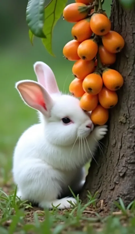 A cute white rabbit is seen nibbling on a cluster of bright orange fruits attached to the trunk of a tree. The scene is captured in a short video shared on a social media platform, highlighting the adorable moment of the rabbit interacting with the fruits....