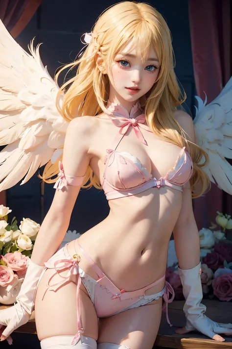 angewomon, ((blonde hair)), long hair, angel wings,blue eyes, bare shoulders, elbow gloves, feathered wings, gloves, navel, pink ribbon, ribbon, single elbow glove, single glove, thigh strap, wings, sexy, sexy body, laugh, masterpiece, best quality, in det...