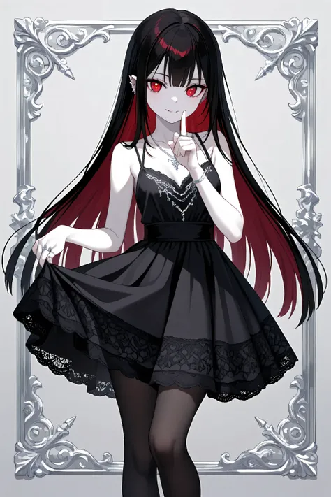 A female vampire with waist-length, jet-black straight hair, pale, icy soft skin, piercing crimson eyes, a slender elongated figure, and exquisitely delicate features, wearing black pantyhose and a black dress with intricate lace embellishments, complement...