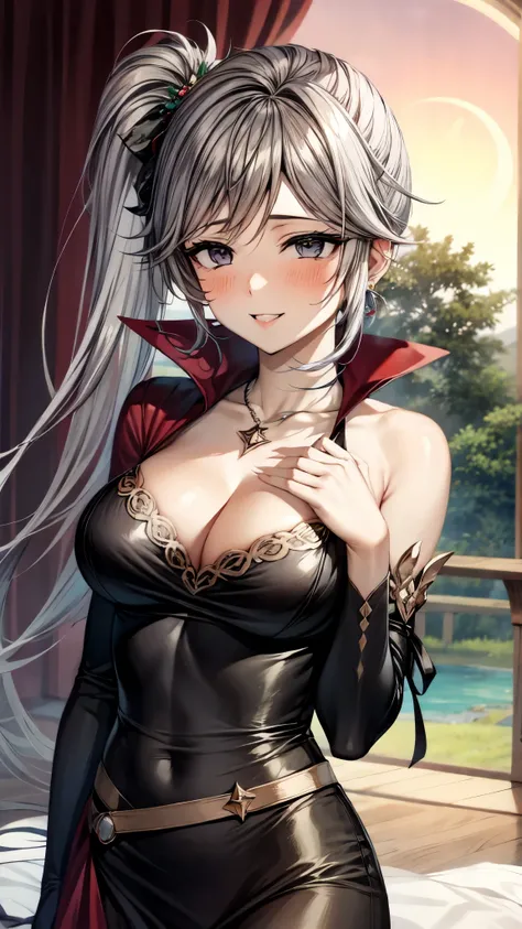 （ super quality, ultra high resolution,16k,super masterpiece,Ultra HD , detailed shading and background,）Upper body shot, sexy girl ,Long silver hair, side ponytail,Luxurious necklace, earrings, sexy black dress, cleavage, white long gloves,blush,smile,In ...