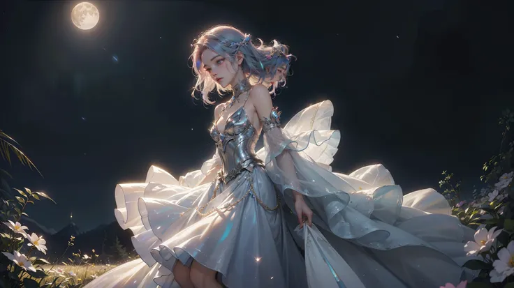 DIVA , phantom, surrealism , White and blue hair, Dreamlike scenery , choreographer, Sleep Symphony, Twilight dress, Fluttering in a dream , uma mulher em um vestido prata andando em uma noite de Take the keys, uma Princess andando na floresta, shin...