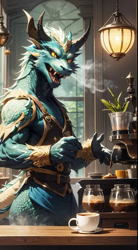 masterpiece, best quality, high resolution, absurdres, incredibly detailed, flawless, score_9, score_8_up, score_7_up, score_6_up, score_5_up, score_4_up, source_furry, a majestic dragon barista with shimmering scales in vibrant hues of blue and green, sta...