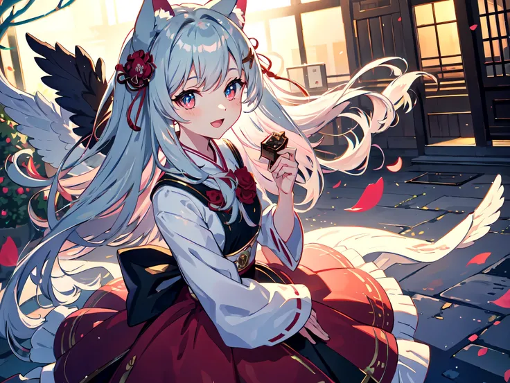 Japanese anime style. Standing on a street corner, she is a moe-cute cat-ear clad in red and black. She is handing out chocolates on Valentine's Day. The camera zooms in on her synchronized movements, showing the intricate details of her costume. Her beaut...