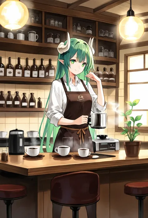 masterpiece, best quality, high resolution, absurdres, incredibly detailed, flawless, score_9, score_8_up, score_7_up, score_6_up, score_5_up, score_4_up, source_furry, a majestic dragon barista with shimmering scales in vibrant hues of blue and green, sta...