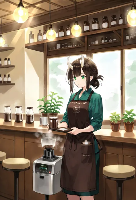 masterpiece, best quality, high resolution, absurdres, incredibly detailed, flawless, score_9, score_8_up, score_7_up, score_6_up, score_5_up, score_4_up, source_furry, a majestic dragon barista with shimmering scales in vibrant hues of blue and green, sta...