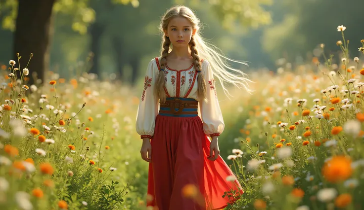 Beautiful 18 year old blonde girl with hair braided in two ponytails, dressed with Romanian traditional clothes, walking barefoot on a field of grass and spring flowers