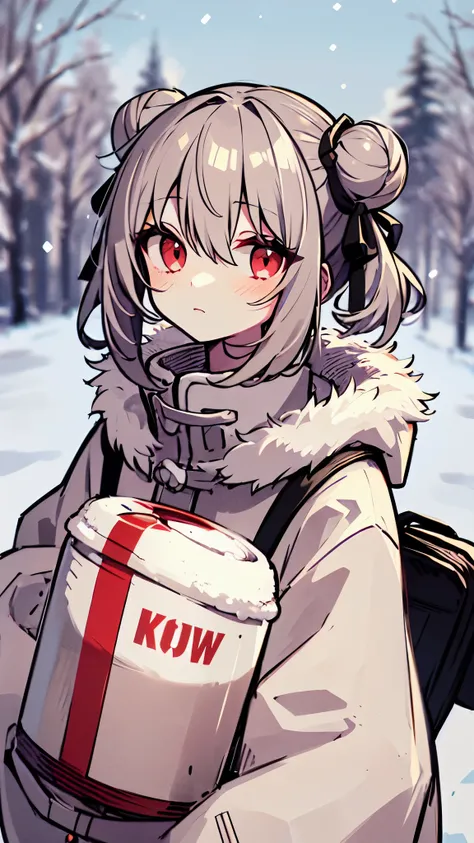 (masterpiece), (best quality), (highly detailed), 1girl, solo, red eyes, holding, disposable cup, looking at viewer, holding cup, outdoors, snow, long sleeves, bangs, cup, coffee cup, tree, closed mouth, bare tree, fur trim, hair between eyes, ribbon, open...